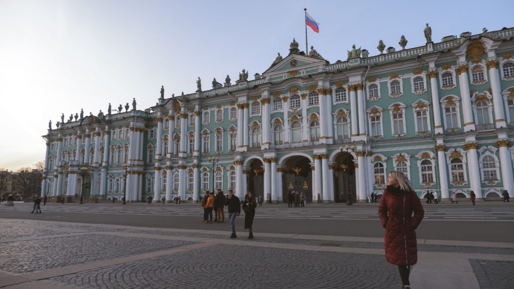 Melissa in front of the Hermitage Museum in St. Petersburg, Russia - How to Stay Safe as a Solo Female Traveler