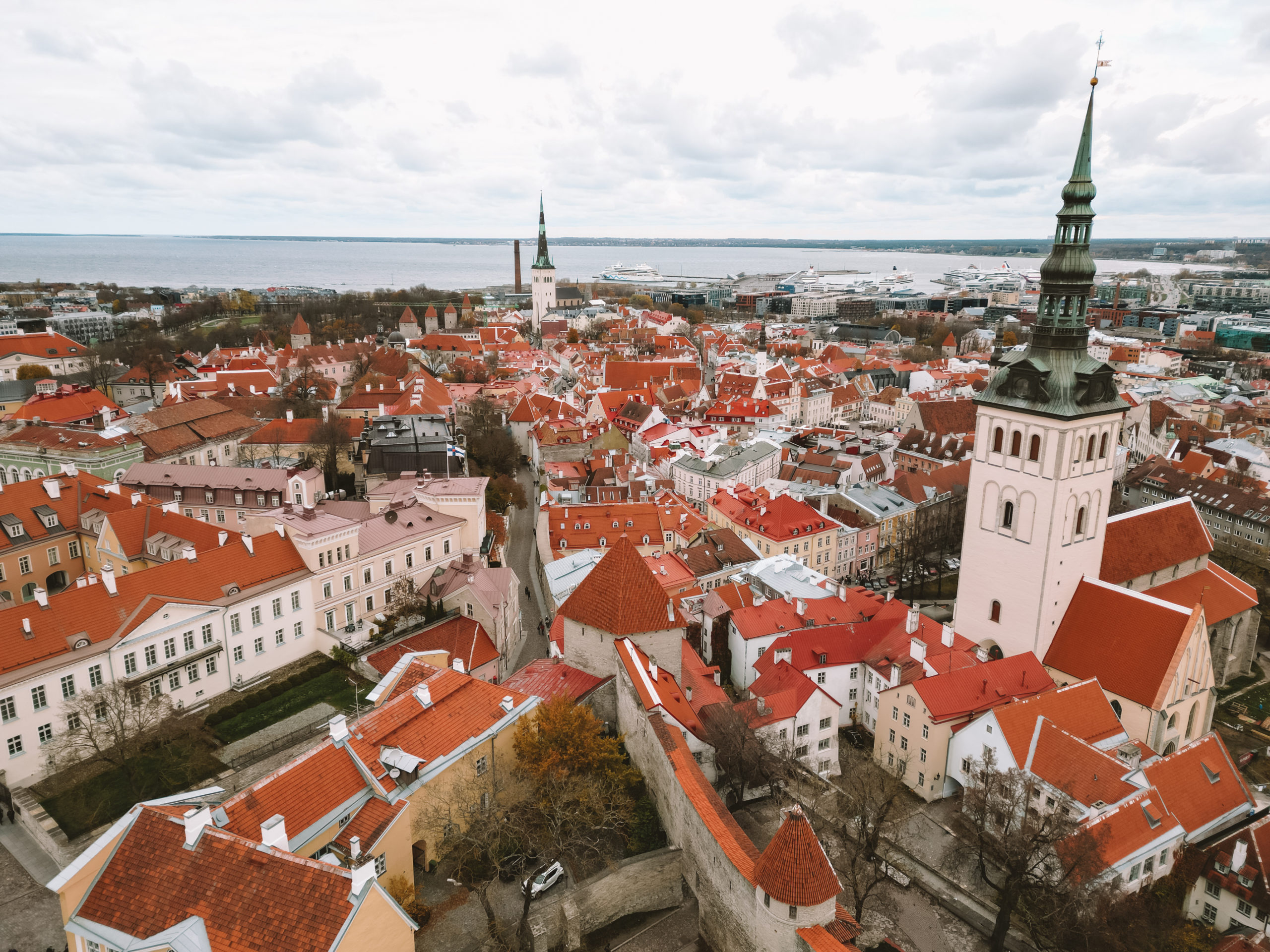 Drone view of Tallinn Estonia's old town - New Girl on the Bloc